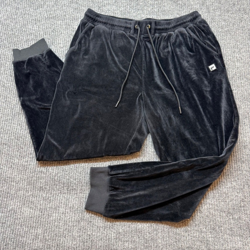 FILA Black Velour Jogger Pants XL Drawstring Streetwear Y2K Cozy Athleisure